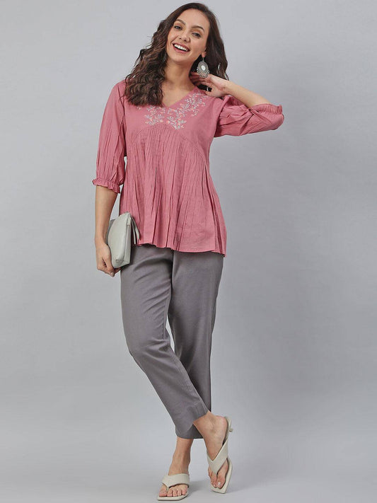 Pink Cotton Embroidered Fit And Flared Top