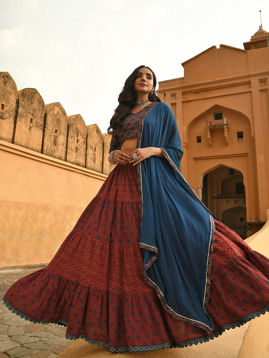 Maroon Cotton Block Print Lehenga Choli With Dupatta