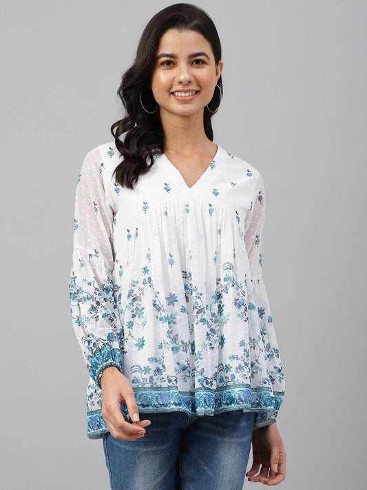 White Georgette Digital Print Flared Top