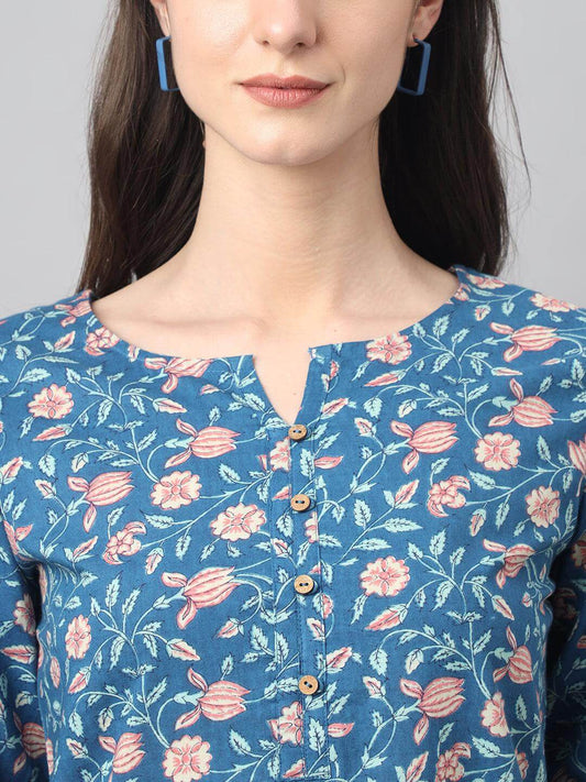 Blue Cotton Floral Print Regular Tunic