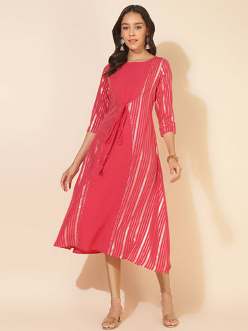 Dark Pink Crepe Foil Printed A-Line Kurta