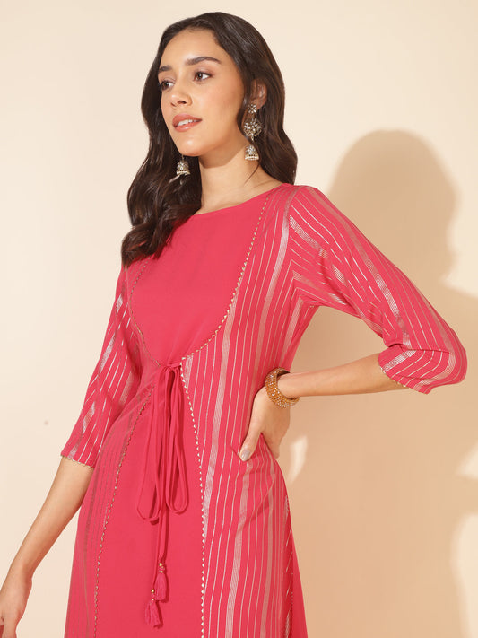 Dark Pink Crepe Foil Printed A-Line Kurta