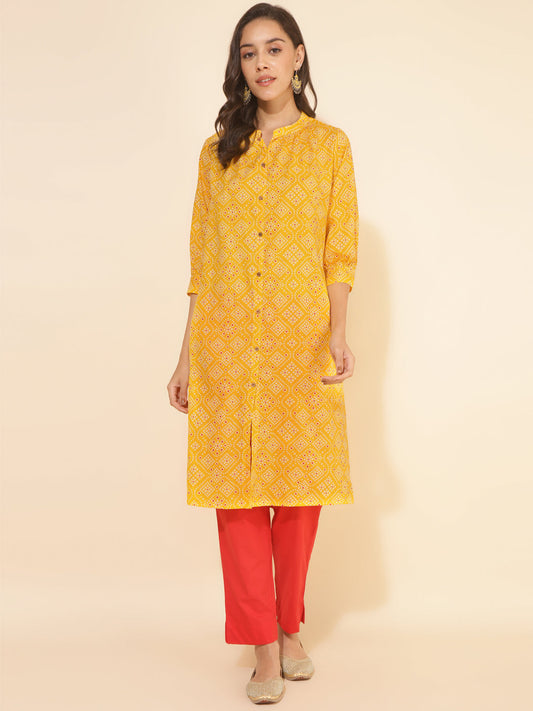 Yellow Cotton Bandhani Printed A-Line Kurta