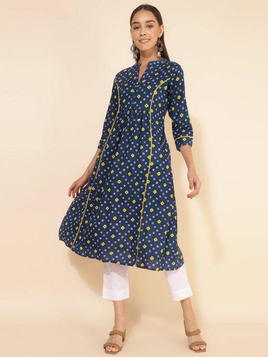 Blue Cotton Bandhani Printed A-Line Kurta