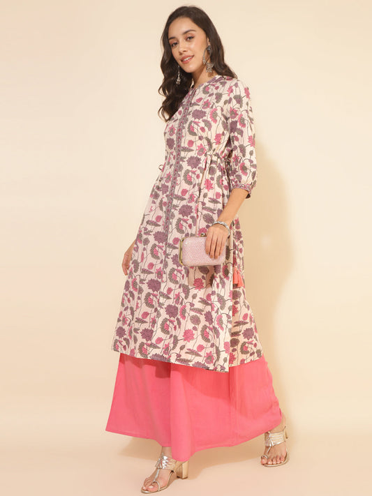 Multicolor Cotton Floral Printed A-Line Kurta