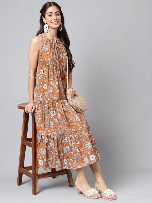 Brown Moss Digital Floral Printed Tiered Dress