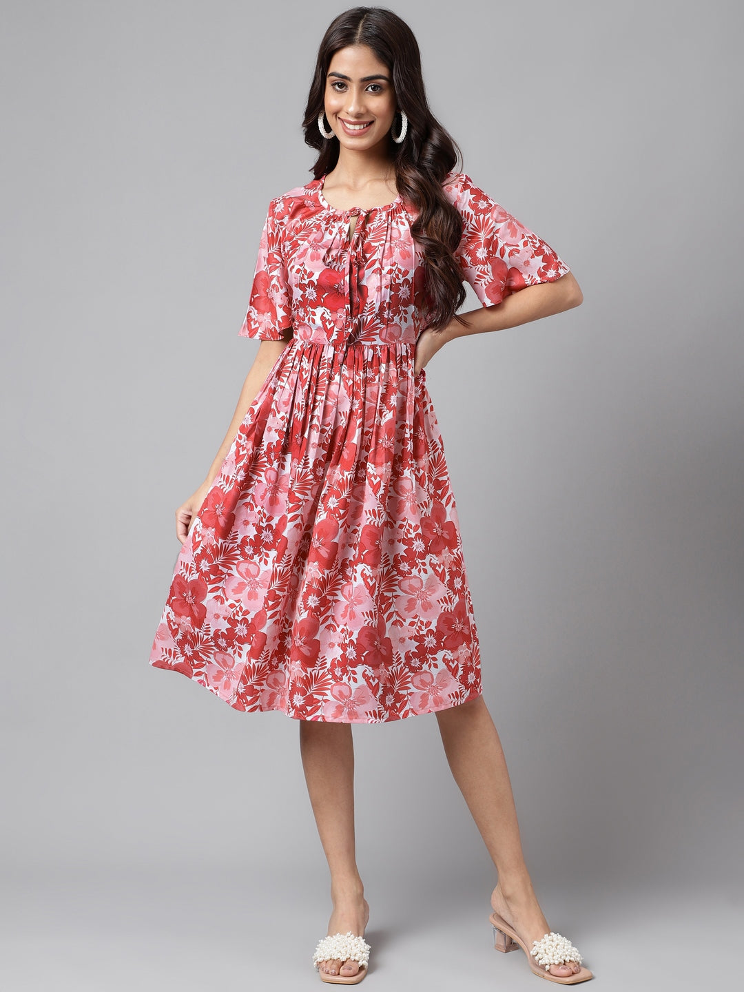 Pink Moss Digital Floral Printed Flared Dress