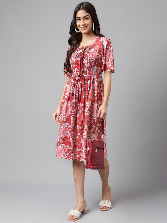 Pink Moss Digital Floral Printed Flared Dress