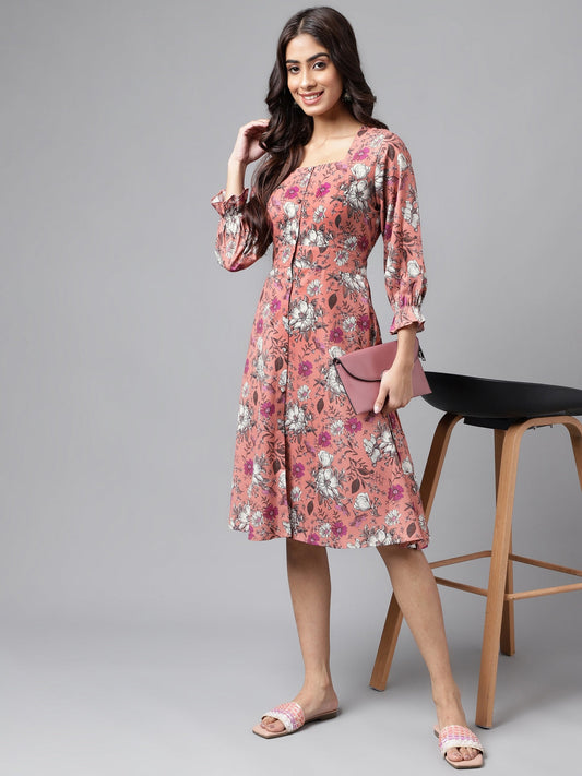 Peach Moss Floral Printed A Line Dress