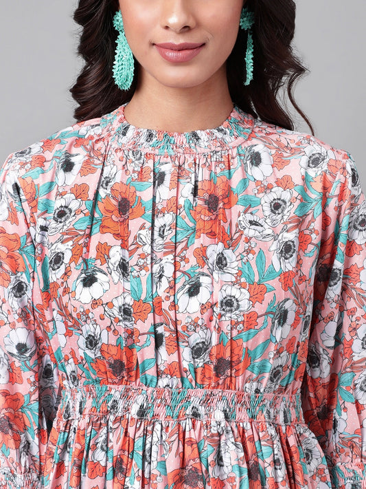 Orange Moss Floral Printed Flared Dress