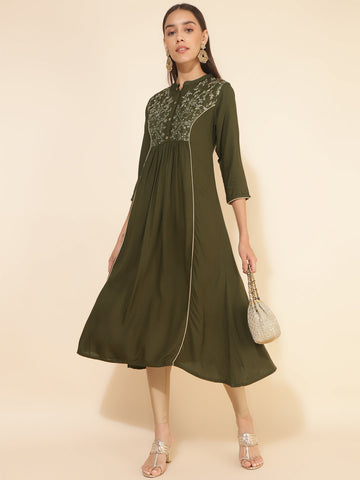 Olive Rayon Yoke Embroidered A-Line Kurta