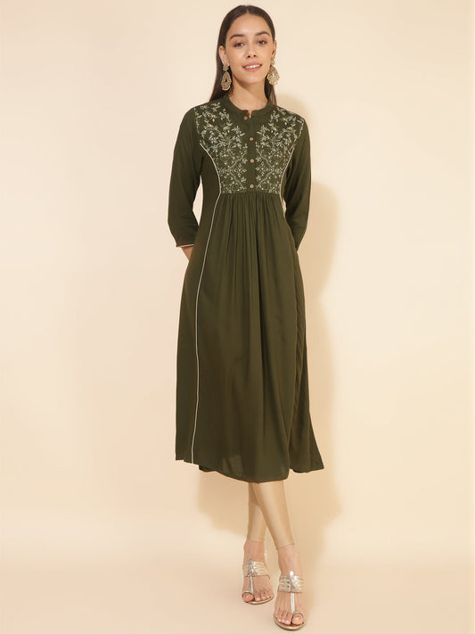 Olive Rayon Yoke Embroidered A-Line Kurta