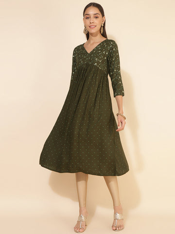 Olive Rayon Yoke Foil Printed A-Line Kurta