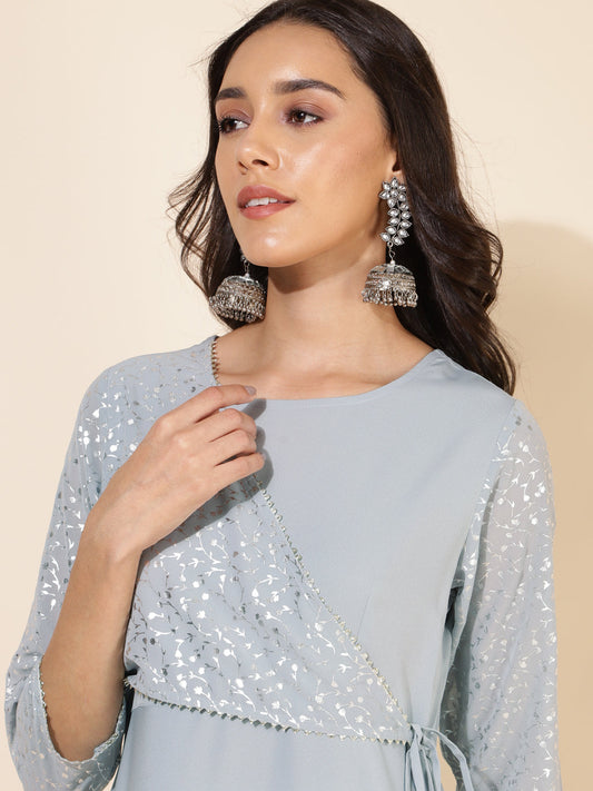 Grey Crepe Foil Printed A-Line Kurta