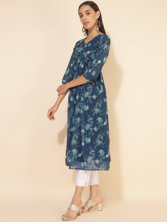 Blue Georgette Floral Printed Flared Kurta