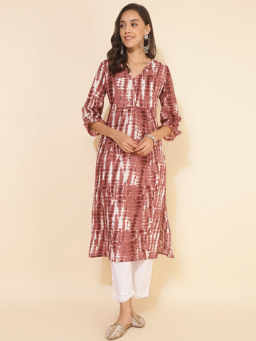 Light Brown Cotton Tie-Dye Printed Straight Kurta