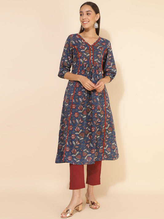 Blue Cotton Floral Printed A-Line Kurta