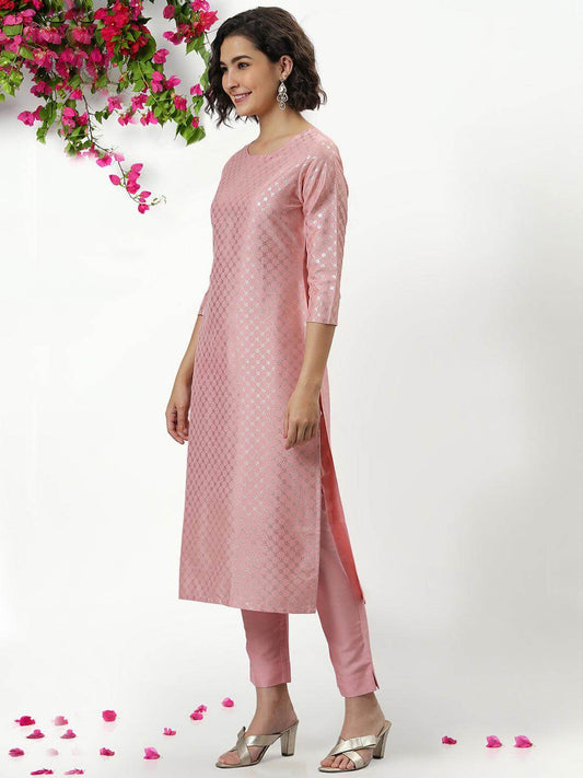 Pink Poly Silk Floral Print Kurta With Pant