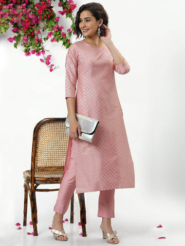 Pink Poly Silk Floral Print Kurta With Pant