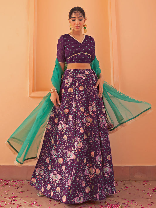 Purple Crepe Silk Digital Floral Printed Lehenga Choli With Dupatta